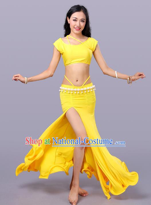 Indian Traditional Belly Dance Costume Classical Oriental Dance Yellow Dress for Women