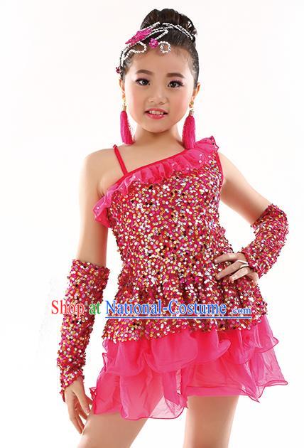 Top Latin Dance Performance Sequin Costume Traditional Children Modern Dance Rosy Dress for Kids