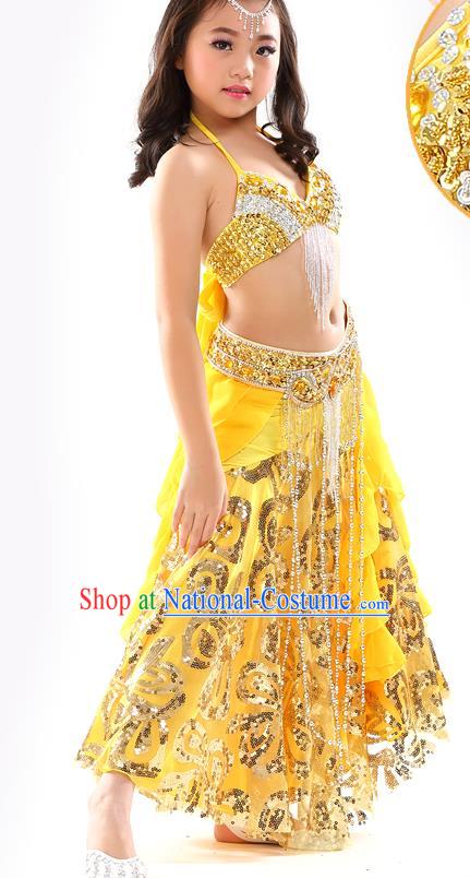 Top Indian Belly Dance Yellow Dress India Traditional Oriental Dance Performance Costume for Kids