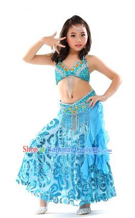 Top Indian Belly Dance Blue Dress India Traditional Oriental Dance Performance Costume for Kids