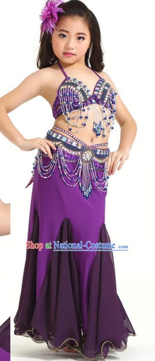 Indian Traditional Children Belly Dance Costume Classical Oriental Dance Purple Dress for Kids