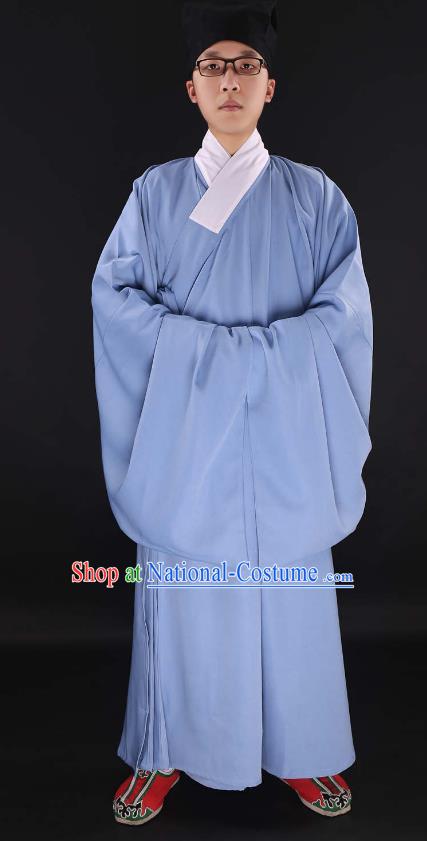 Chinese Ancient Ming Dynasty Taoist Priest Costume Blue Priest Frock for Men