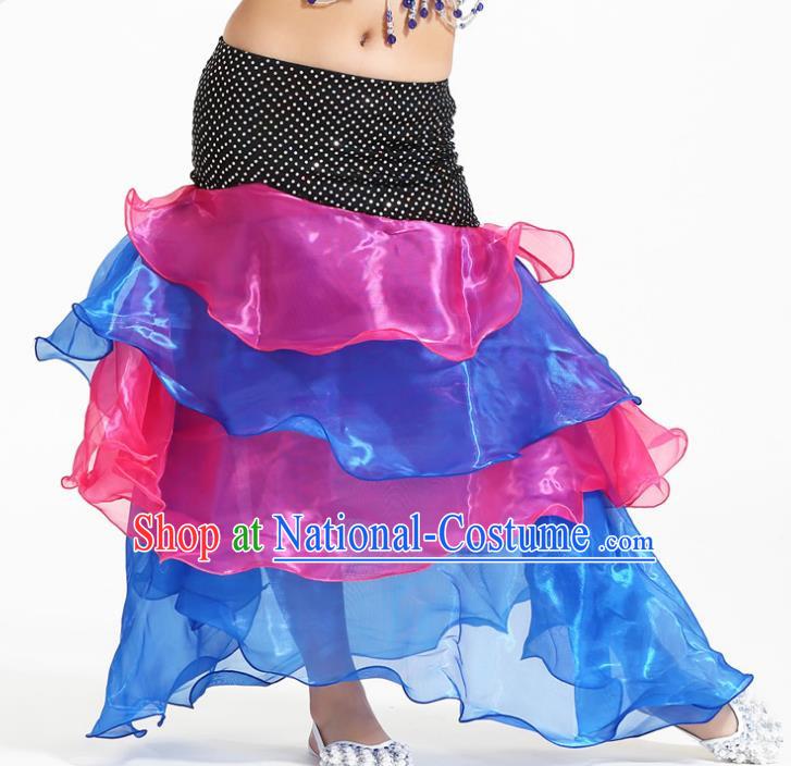 Asian Indian Belly Dance Rosy and Blue Skirt Stage Performance Oriental Dance Clothing for Kids