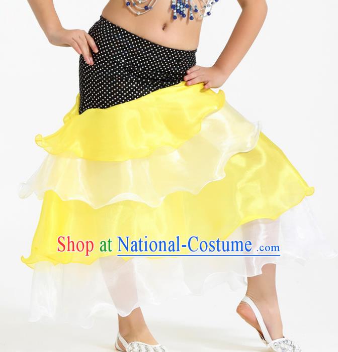 Asian Indian Belly Dance Yellow and White Skirt Stage Performance Oriental Dance Clothing for Kids