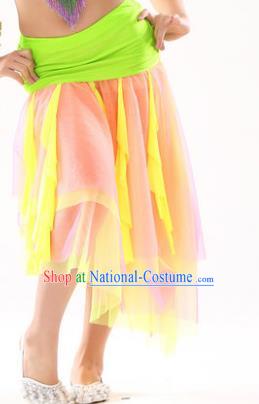 Asian Indian Belly Dance Yellow Veil Skirt Stage Performance Oriental Dance Clothing for Kids