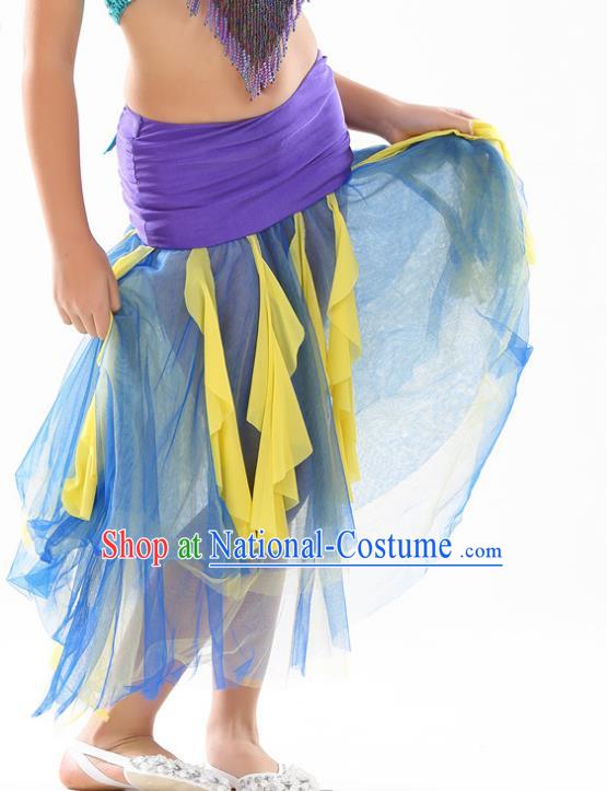 Asian Indian Belly Dance Blue Veil Skirt Stage Performance Oriental Dance Clothing for Kids