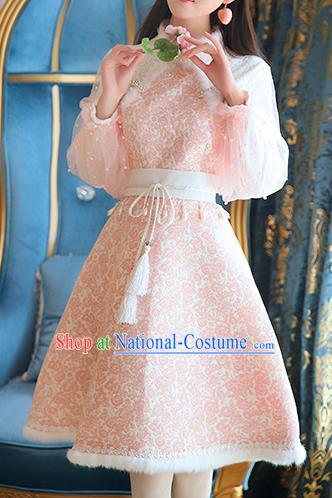 Traditional Chinese National Pink Lace Qipao Dress Costume Tangsuit Cheongsam Clothing for Women