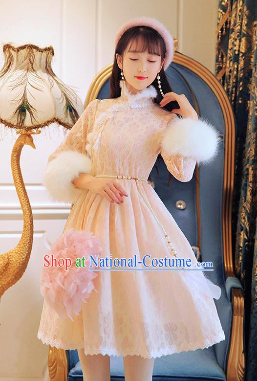 Traditional Chinese National Embroidered Qipao Dress Costume Tangsuit Pink Lace Cheongsam Clothing for Women