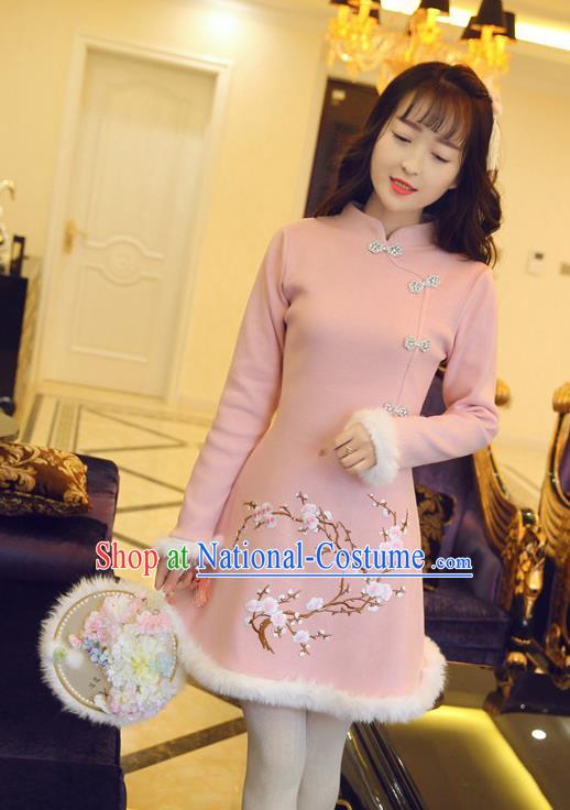 Traditional Chinese National Pink Qipao Dress Tangsuit Embroidered Plum Blossom Cheongsam Clothing for Women