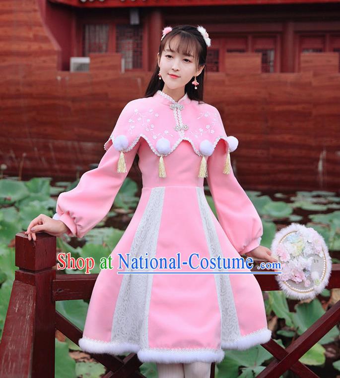 Traditional Chinese National Pink Qipao Dress Tangsuit Embroidered Cheongsam Clothing for Women