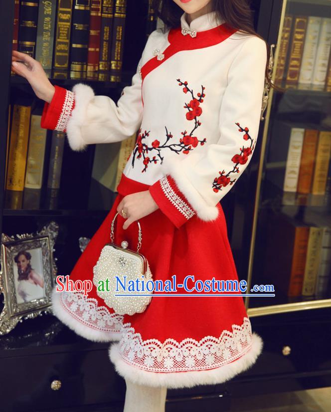 Traditional Chinese National Wool Cheongsam Costume Tangsuit Embroidered Blouse and Red Skirt for Women