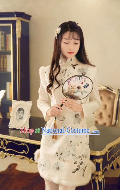 Traditional Chinese National Costume Wool Cheongsam Tangsuit Embroidered Vests Dress for Women