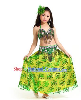 Asian Indian Children Belly Dance Green Dress Stage Performance Oriental Dance Clothing for Kids