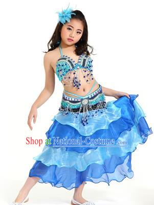 Asian Indian Children Belly Dance Blue Dress Stage Performance Oriental Dance Clothing for Kids