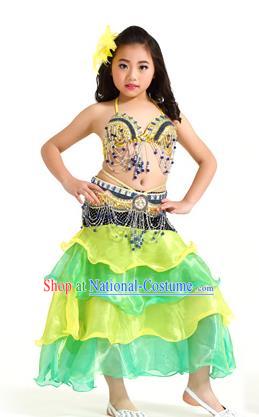 Asian Indian Children Belly Dance Yellow and Green Dress Stage Performance Oriental Dance Clothing for Kids