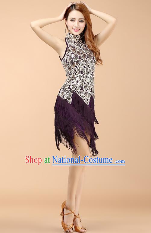 Classical Latin Dance Purple Tassel Dress Ballroom Dance Modern Dance Costume for Women