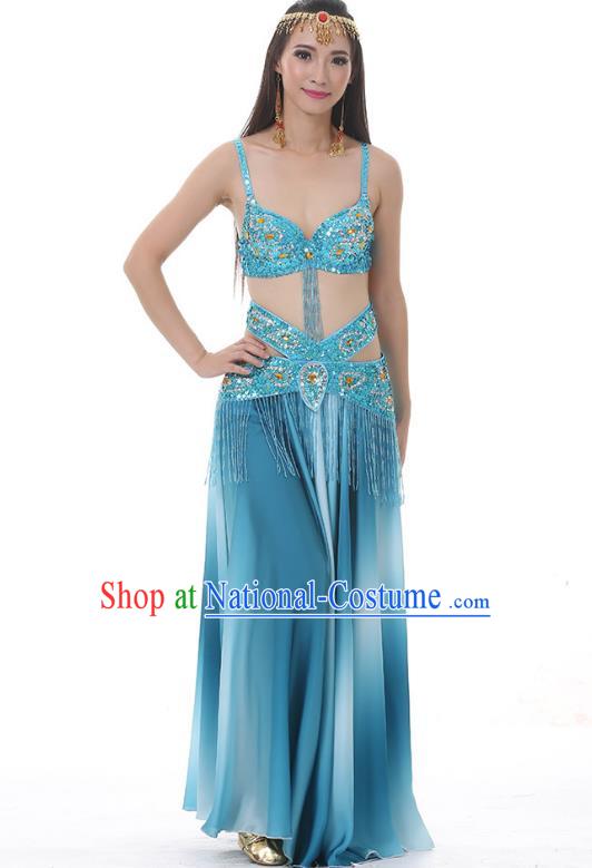 Traditional Bollywood Belly Dance Gradient Blue Dress Indian Oriental Dance Costume for Women