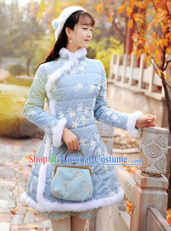 Traditional Chinese National Embroidered Blue Dress Tangsuit Cotton-padded Cheongsam Clothing for Women