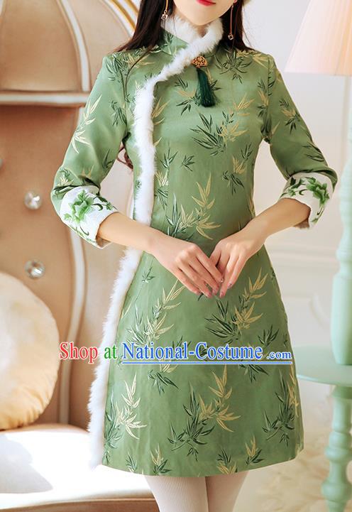 Chinese National Tangsuit Embroidered Bamboo Qipao Dress Cheongsam Clothing for Women