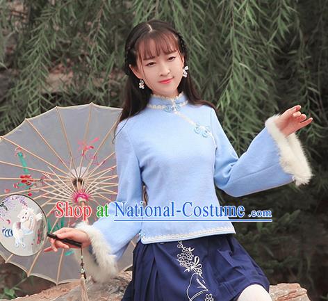 Chinese National Costume Blue Wool Cheongsam Shirts Tangsuit Qipao Blouse for Women