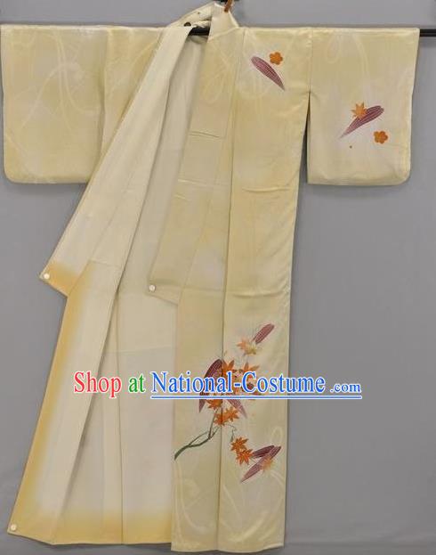 Japan Traditional Costume Yellow Satin Yukata Dress Japanese Furisode Kimono for Women