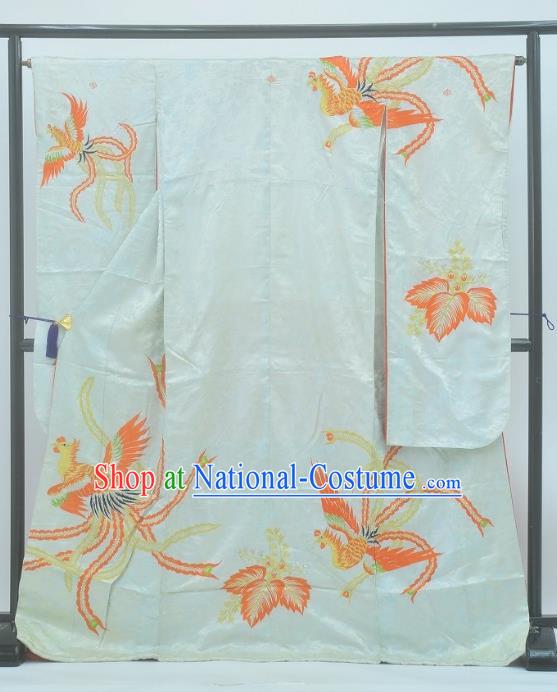 Japan Traditional Kimonos Costume Printing Phoenix White Yukata Dress Japanese Furisode Kimono for Women