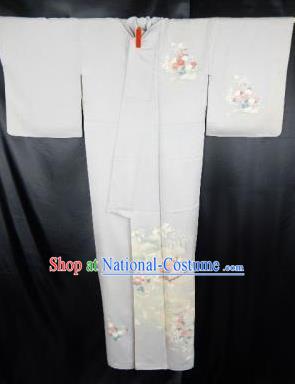 Japan Traditional Kimonos Costume Printing Grey Yukata Dress Japanese Furisode Kimono for Women