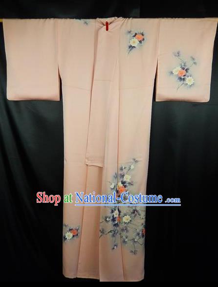 Japan Traditional Kimonos Costume Printing Flowers Pink Yukata Dress Japanese Furisode Kimono for Women