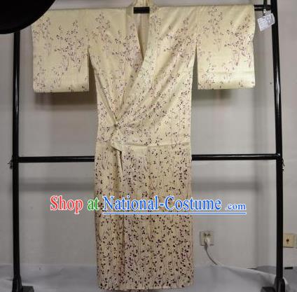 Japan Traditional Kimonos Costume Beige Satin Yukata Dress Japanese Furisode Kimono for Women