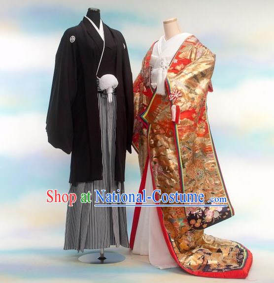 Traditional Japanese Wedding Golden Costumes Bride and Bridegroom Kimono Clothing for Women for Men