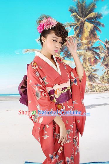 Traditional Asian Japan Costume Japanese Apparel Red Yukata Dress Furisode Kimono for Women