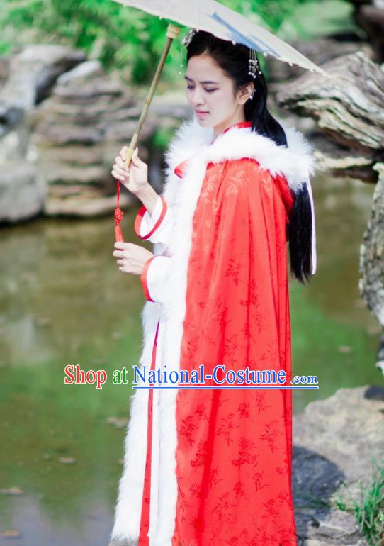 Chinese Ancient Ming Dynasty Princess Costume Red Long Cloak for Women