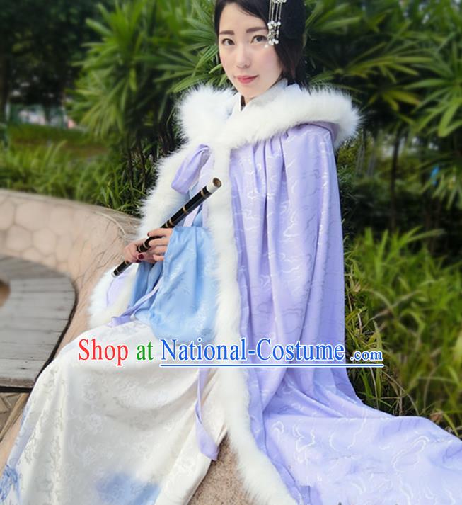 Chinese Ancient Ming Dynasty Princess Costume Purple Long Cloak for Women