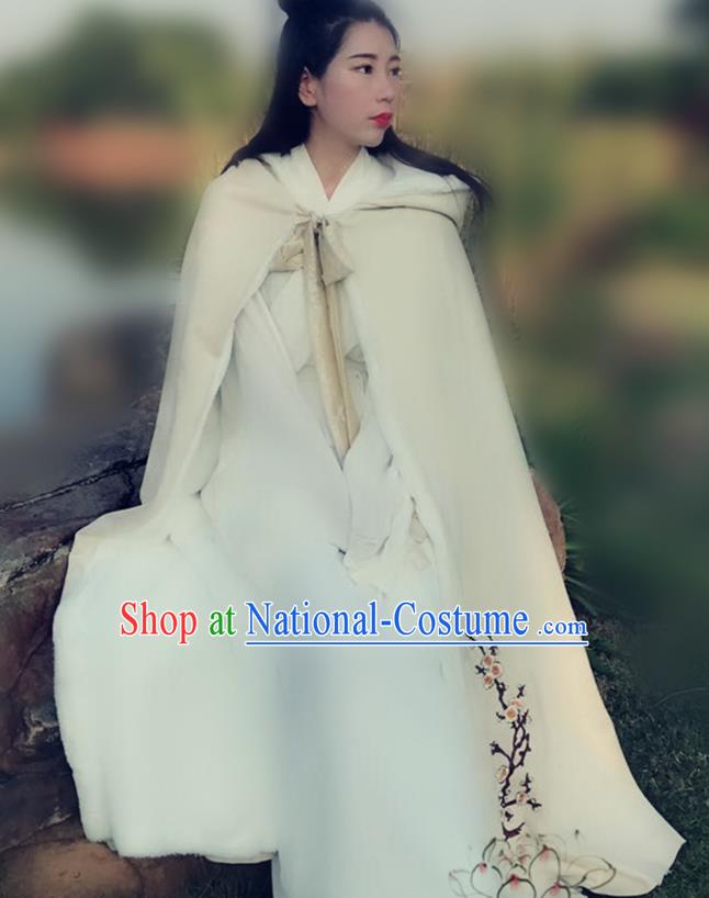 Chinese Ancient Ming Dynasty Princess Embroidered Plum Blossom Mantle Costume White Long Cloak for Women