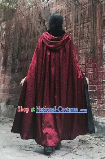 Chinese Ancient Swordsman Costume Knight Wine Red Long Cloak for Men