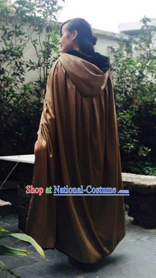 Chinese Ancient Swordsman Costume Knight Brown Long Cloak for Men