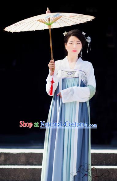 Chinese Ancient Palace Lady Blue Dress Tang Dynasty Princess Embroidered Costume for Women