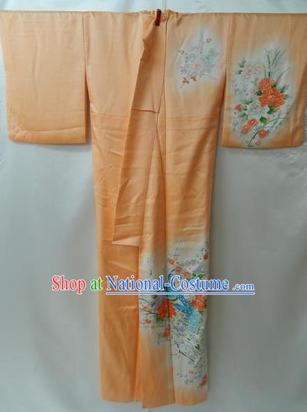 Traditional Japan Palace Furisode Kimono Costume Orange Dress Japanese Yukata for Women