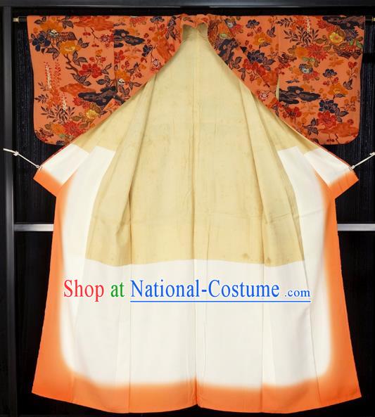 Japan Palace Furisode Kimono Costume Traditional Japanese Orange Yukata Dress for Women