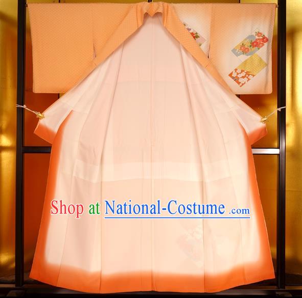 Japan Traditional Costume Orange Furisode Kimonos Japanese Shiromuku Yukata Dress for Women