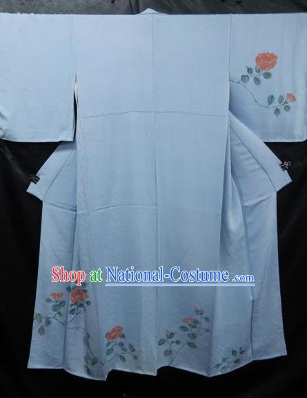 Asian Japan Blue Furisode Kimono Palace Costume Traditional Japanese Yukata Dress for Women