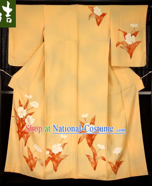 Asian Japan Yellow Furisode Kimono Palace Costume Traditional Japanese Yukata Dress for Women