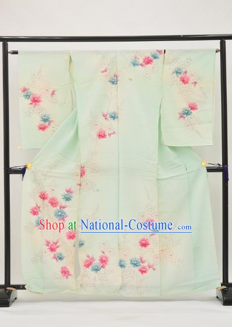 Asian Japan Painting Flowers Green Furisode Kimono Palace Costume Traditional Japanese Yukata Dress for Women