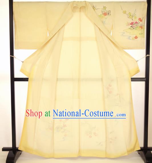 Asian Japan Yellow Furisode Kimono Formal Costume Traditional Japanese Yukata Dress for Women