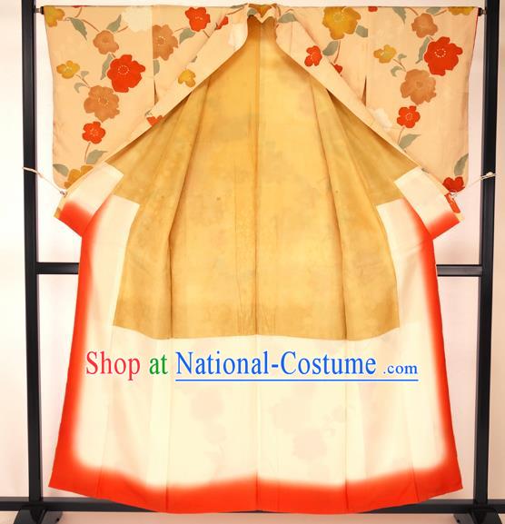 Japan Traditional Formal Costume Printing Flowers Furisode Kimono Yukata Dress for Women