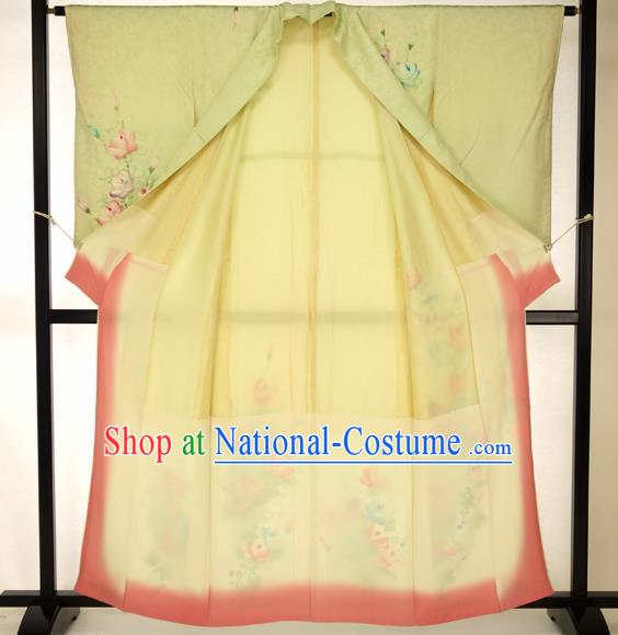 Japan Traditional Formal Costume Printing Flowers Furisode Kimono Green Yukata Dress for Women