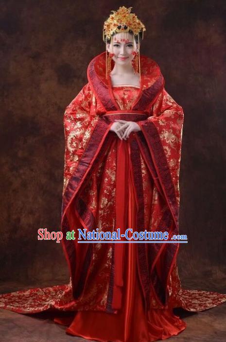 Chinese Ancient Tang Dynasty Princess Wedding Costumes Theatre Embroidered Red Dress for Women