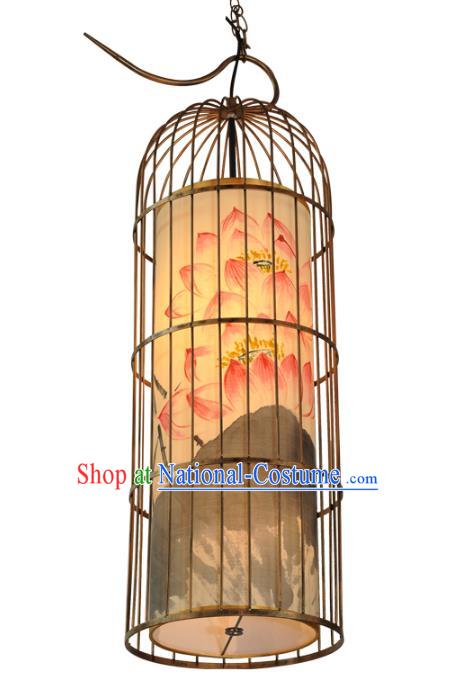 Handmade Traditional Chinese Lantern Floor Lamp Golden Birdcage Lantern