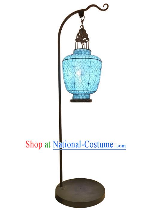 Handmade Traditional Chinese Lantern Blue Floor Lamp Palace Lantern