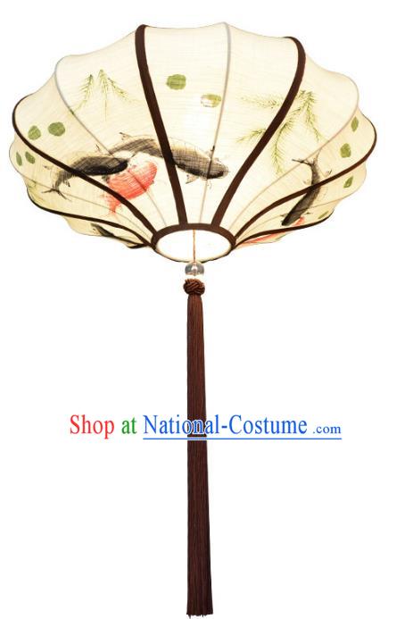 Traditional Chinese Ancient Palace Lantern Ceiling Lamp Printing Fish Linen Lanern